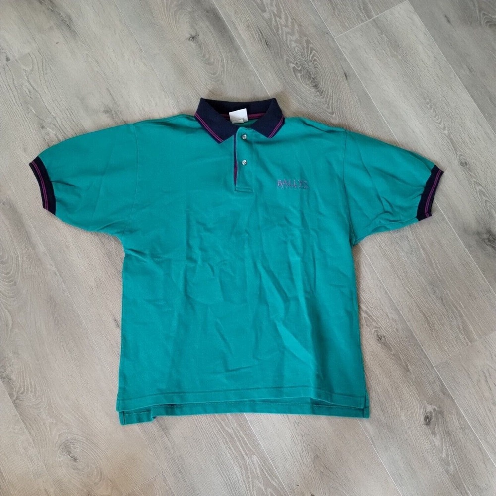 Vintage Ballys Las Vegas Casino Polo S Short Sleeve Aqua Purple Emerald Bay USA